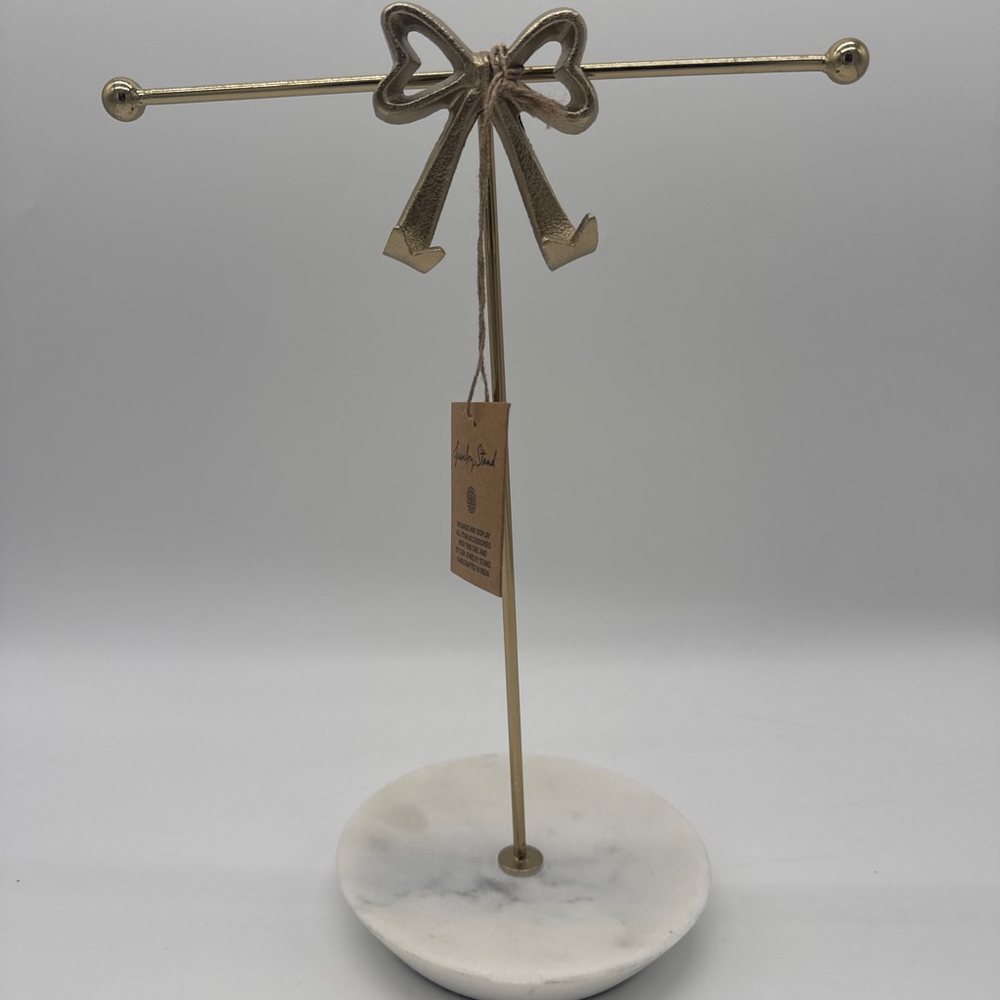 Gold Bow Jewelry Stand with White Marble Base